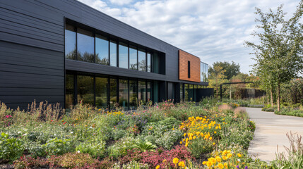 Modern architecture surrounded by vibrant gardens at a natural setting