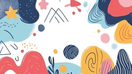 Abstract colorful shapes, decorative border, playful design, minimal background