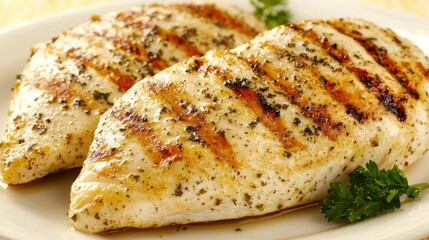 Boneless grilled chicken breast with visible seasoning and a delicious, golden exterior. --chaos 20 --ar 16:9 --quality 2 --v 6.1 Job ID: 51ac0fc8-3908-4f7d-9264-dbd1e73bcf7b
