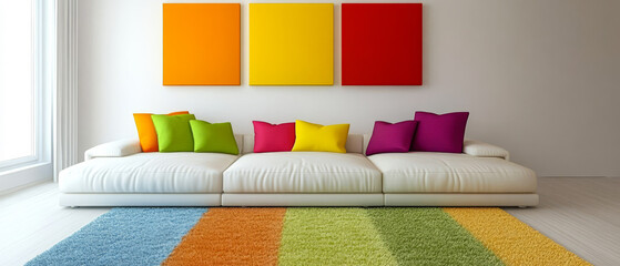 Bright and colorful living room with modern decor and cheerful accents