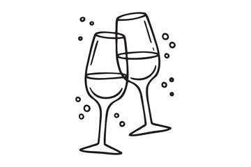 Two glasses wine or champagne doodle outline hand drawn icon. Cheers with alcohol drink and cocktail sign. Champagne glasses make cheers. Element for celebration, party, holiday