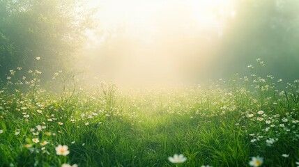 Obraz premium Misty dawn meadow, flowers, sunrise, path, nature