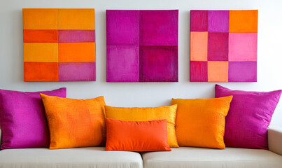 Bright abstract wall art complements colorful pillows in modern living room