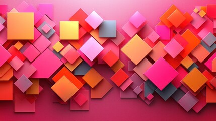 Abstract colorful squares and rhombuses on a pink background