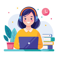 woman in headphones, studying at laptop. Happy female student watching business webinar. Video conference call, remote work communication. Flat vector illustration isolated on white background
