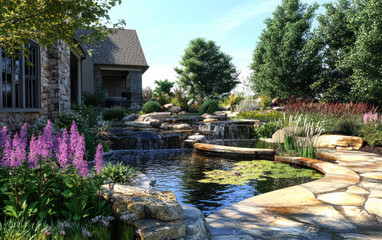 Naklejka premium Tranquil garden oasis with water features and vibrant flowers in sunny weather