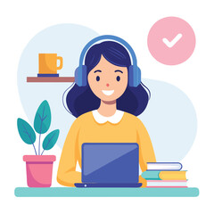 woman in headphones, studying at laptop. Happy female student watching business webinar. Video conference call, remote work communication. Flat vector illustration isolated on white background