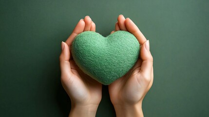 A serene image of a green heart-shaped object cradled in hands, ideal for health care and charitable events like World Heart Day or Valentine's Day.