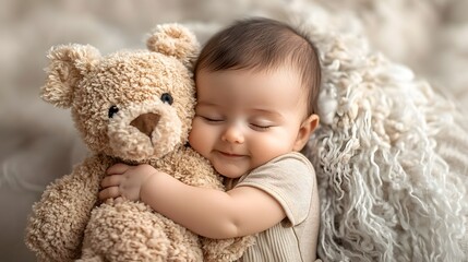 Sleeping Toddler Cuddling Soft Teddy Bear in Peaceful Nursery Scene