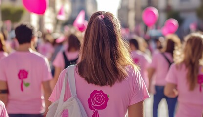Large crowd walks in support of breast cancer awareness. People wear pink t-shirts with pink ribbons. Many pink balloons float in air.