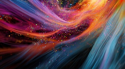Abstract colorful swirling ribbons with glitter, dynamic motion background