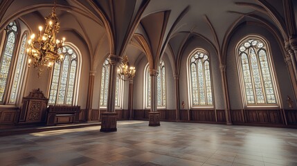 Obraz premium Grand Gothic Hall with Stained Glass Windows and Chandeliers