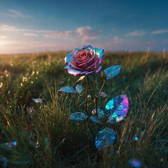 A holographic rose growing in shimmering grass, with a futuristic, digital ocean in the distance.