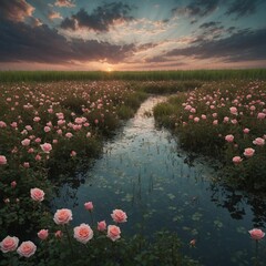 A field of tiny roses in grass, leading to a vast, dreamy water surface reflecting a fantasy sky.