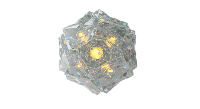 Glowing Geometric Crystal Structure Shining with Yellow Lights in Center