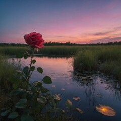 A giant rose in enchanted grass, its petals glowing under a twilight sky, with an ethereal lake behind.