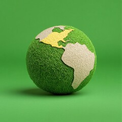 Stylized Earth Globe Made of Green Grass and Natural Textures on Vibrant Green Background