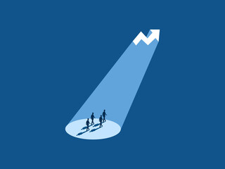 Growing leader, Businessman team following a glowing growth chart