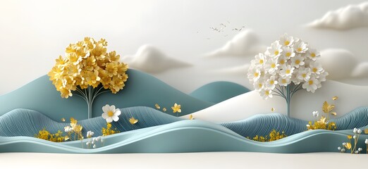 Serene Landscape with Golden and White Flower Trees