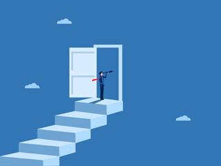 Finding Opportunity, Finding Jobs, Businessman Holding Telescope On Open Door
