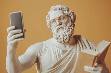 Ancient statue holds smartphone, book. Statue takes selfie. Modern tech meets ancient art.