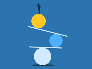 Businessman balancing on board and sphere. business concept