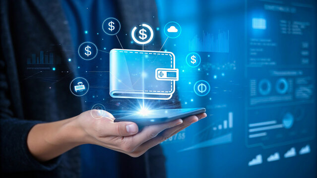 A person holding a smartphone with a holographic projection of a digital wallet above it. Surrounded by icons representing financial elements such as dollar signs, a cloud, and a lock. Background digi