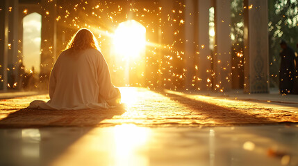 Person meditating in sunlit mosque, dust motes in air, peaceful background, suitable for spirituality, religion, or peace themes