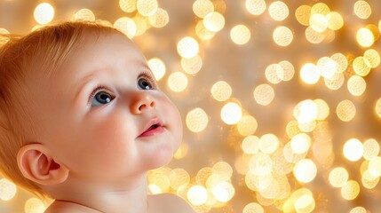 Fototapeta premium Baby looking up at lights, soft focus background, possible use as children's product advertisement or for holiday greetings