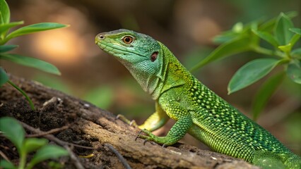 Emerald Jewel: A striking emerald-green lizard, a captivating reptile with textured scales,perched on a weathered branch, surrounded by lush foliage, showcasing the beauty of the wild.