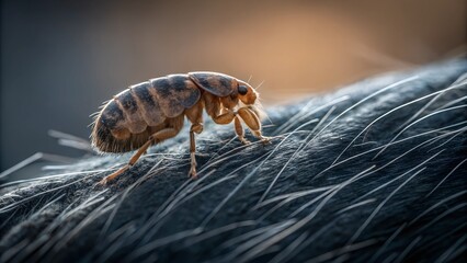 Microscopic World: A detailed shot unveils a flea in sharp focus on an animal's fur, offering a close-up view of this tiny parasite.