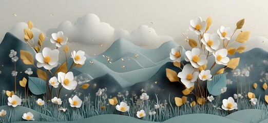 Elegant White Flowers Adorn Serene Paper Mountainscape