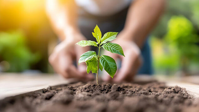 Person planting a young sapling in rich soil outdoors, with a blurred background of lush greenery; ideal for environmental sustainability campaigns