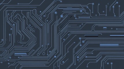 Abstract grey tone circuit board technology connected blue lines with electronics elements computer motherboard chip processor semiconductor digital background vector illustration.