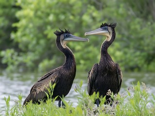 Two birds facing each other by a riverbank