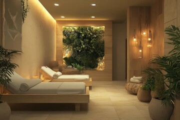 Modern office interior with Scandinavian design, warm lighting, eco-conscious materials, vertical garden, clean and stylish 3D render