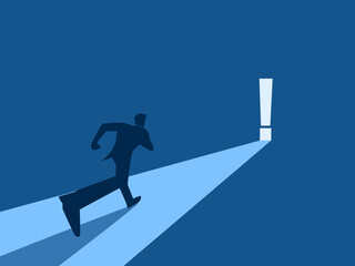 Mystery, Warning, Businessman running towards exclamation icon door