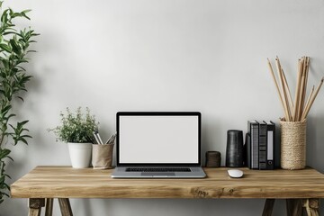Modern workspace mockup featuring a blank wall background, a stylish wooden desk, and a laptop setup for productivity.