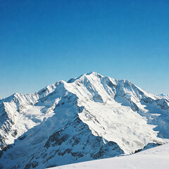 Naklejka premium snow covered mountains in winter under blue sky. inspiring and grandeur inducing sight of a snow covered mountain with its white peaks against a backdrop of a clear blue sky.