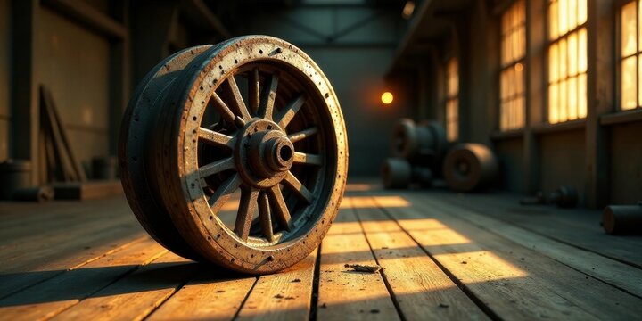 A weathered industrial wheel rests on a sunlit wooden floor within a vintage workshop, evoking a sense of forgotten craftsmanship and timeless resilience