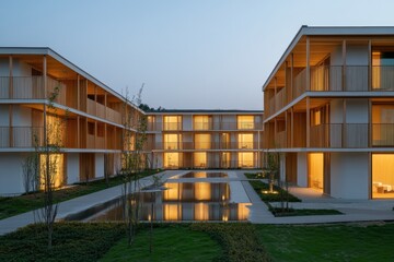 Obraz premium Modern apartment complex courtyard at dusk, tranquil setting