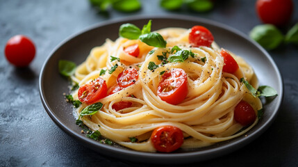 A vibrant and modern dish of fresh vegetable pasta served with a creamy sauce and garnished with aromatic herbs, symbolizing healthy eating, freshness, and culinary creativity.

