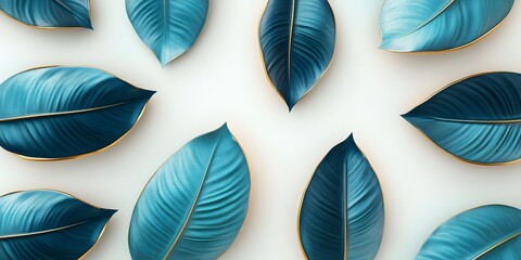 Teal Leaves with Gold Accents Arranged on White Background