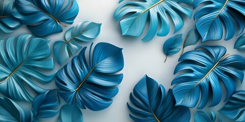 Teal Monstera Leaves Arranged On Light Blue Background
