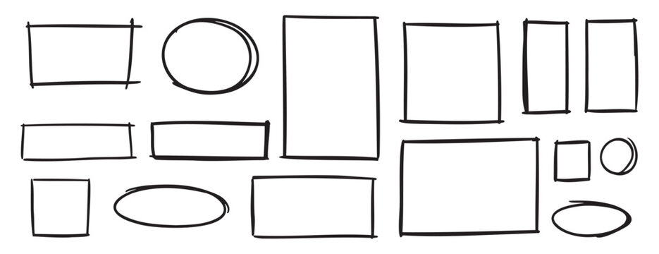 doodle geometric grunge frame set, hand drawn marker pen line strokes. square, circle, rectangle and oval ellipse borders design elements