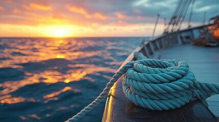 Obraz premium Sunset nautical rope on a ship's bow