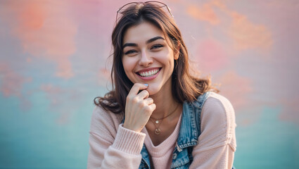 Fototapeta premium Smiling Young Woman with Dimples Touching Her Face in a Warm and Joyful Expression