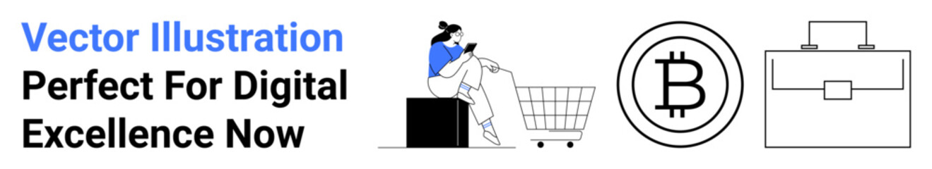 Woman using a smartphone beside a shopping cart, Bitcoin icon, and briefcase outline. Ideal for e-commerce, investments, digital finance, technology, shopping, business strategy flat landing page