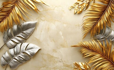 Golden and Silver Tropical Leaves on Beige Background