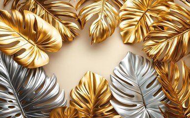 Gold and Silver Tropical Leaves Frame Design